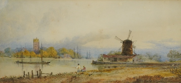 Thomas Bush Hardy (1842-1897), watercolour, Riverscape with windmill, Holland, signed and inscribed, 21 x 44cm